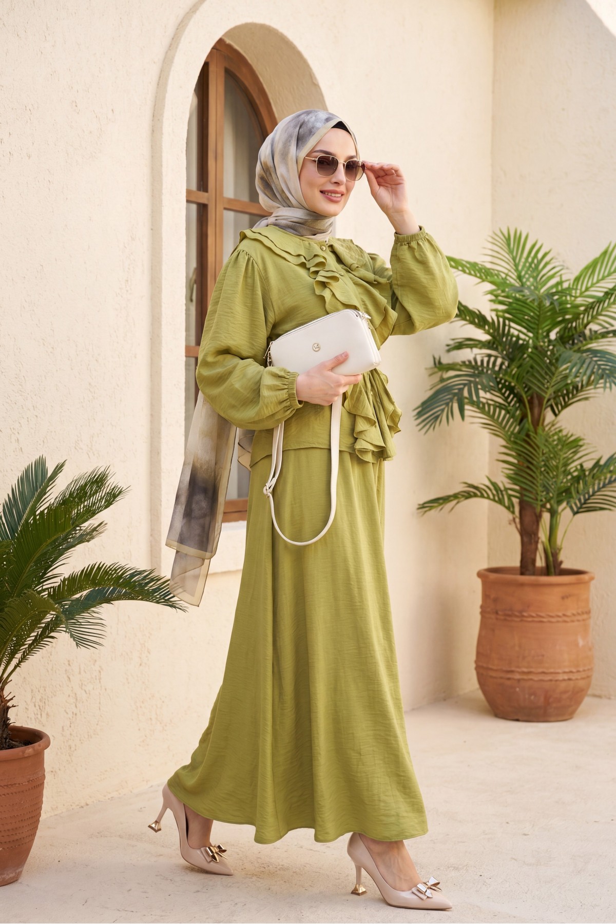 Strawberry Style Skirt Set with Ruffled Front, Elasticated Sleeves, and Belted Waist -Oil Green