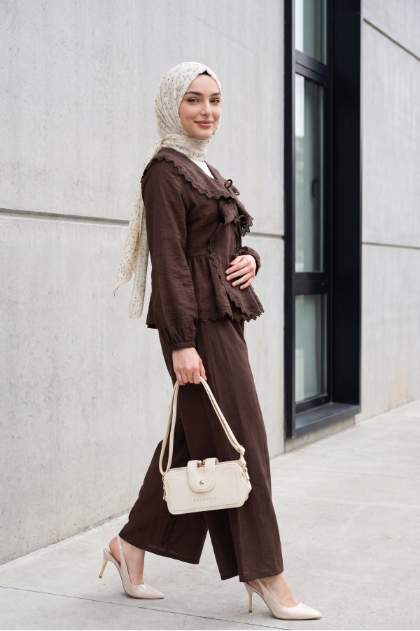 Strawberry Set with Lace Detail and Front Tie-Up Pants -Dark Coffee