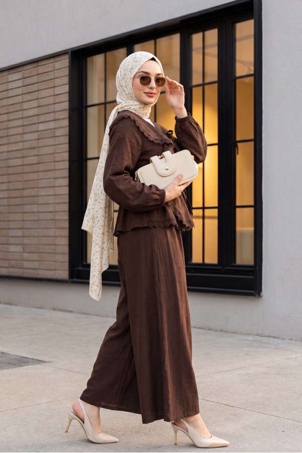 Strawberry Set with Lace Detail and Front Tie-Up Pants -Dark Coffee