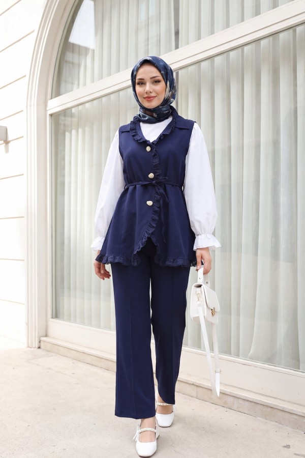 Lace-Detailed Belted Vest and Trousers Two-Piece Crepe Set -Navy blue