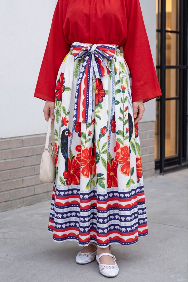 Elasticated Waist Belted Tropical Patterned Skirt -White
