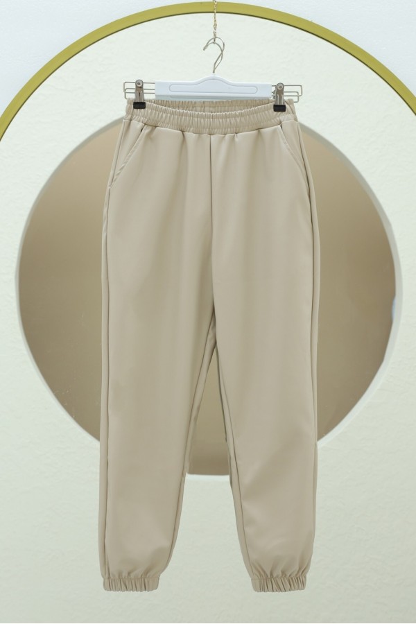 Elastic Waist and Leg Leather Trousers with Pockets - Beige
