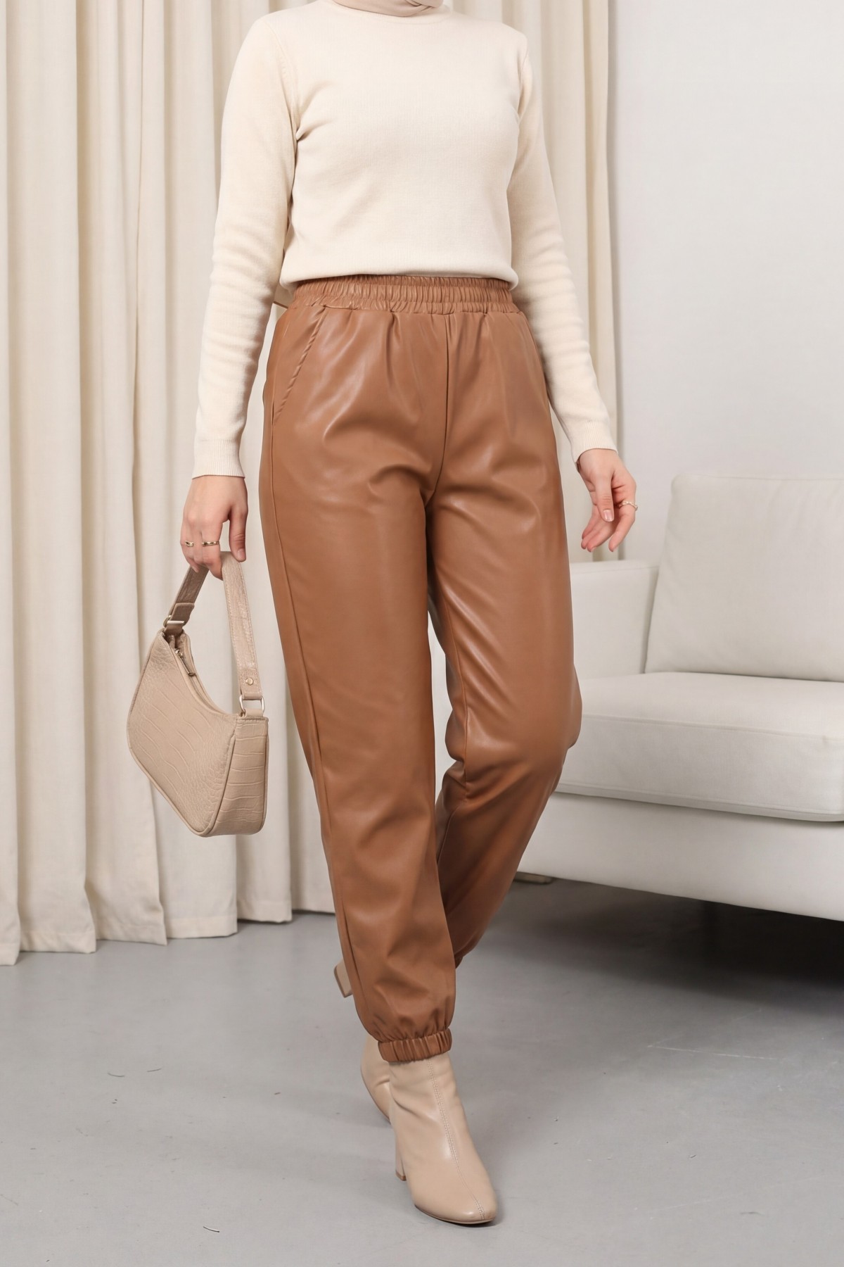 Elastic Waist and Leg Leather Trousers with Pockets -Snuff