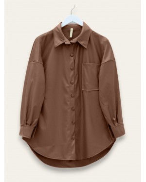 Tek Cepli Oval Kesim Deri Gömlek  -Kahve