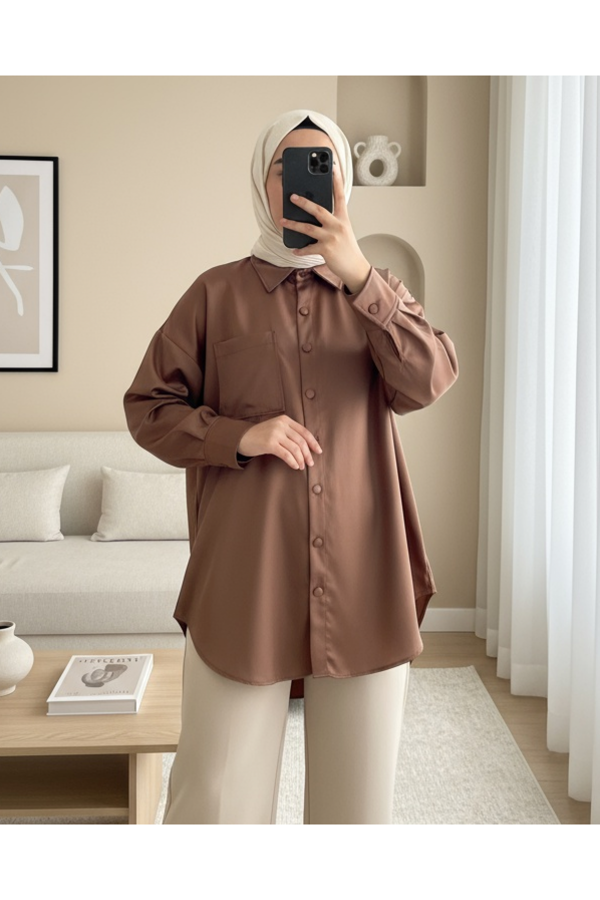 Single Pocket Oval Cut Leather Shirt  -Brown