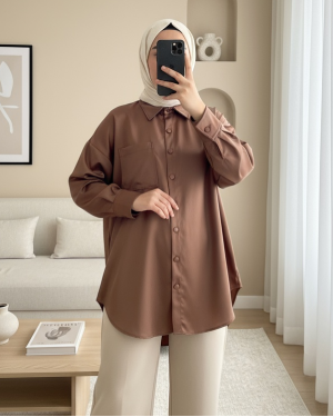Tek Cepli Oval Kesim Deri Gömlek  -Kahve