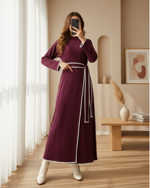 Stand Collar Knitted Crepe Waist Tied Two Piece Dress - Purple