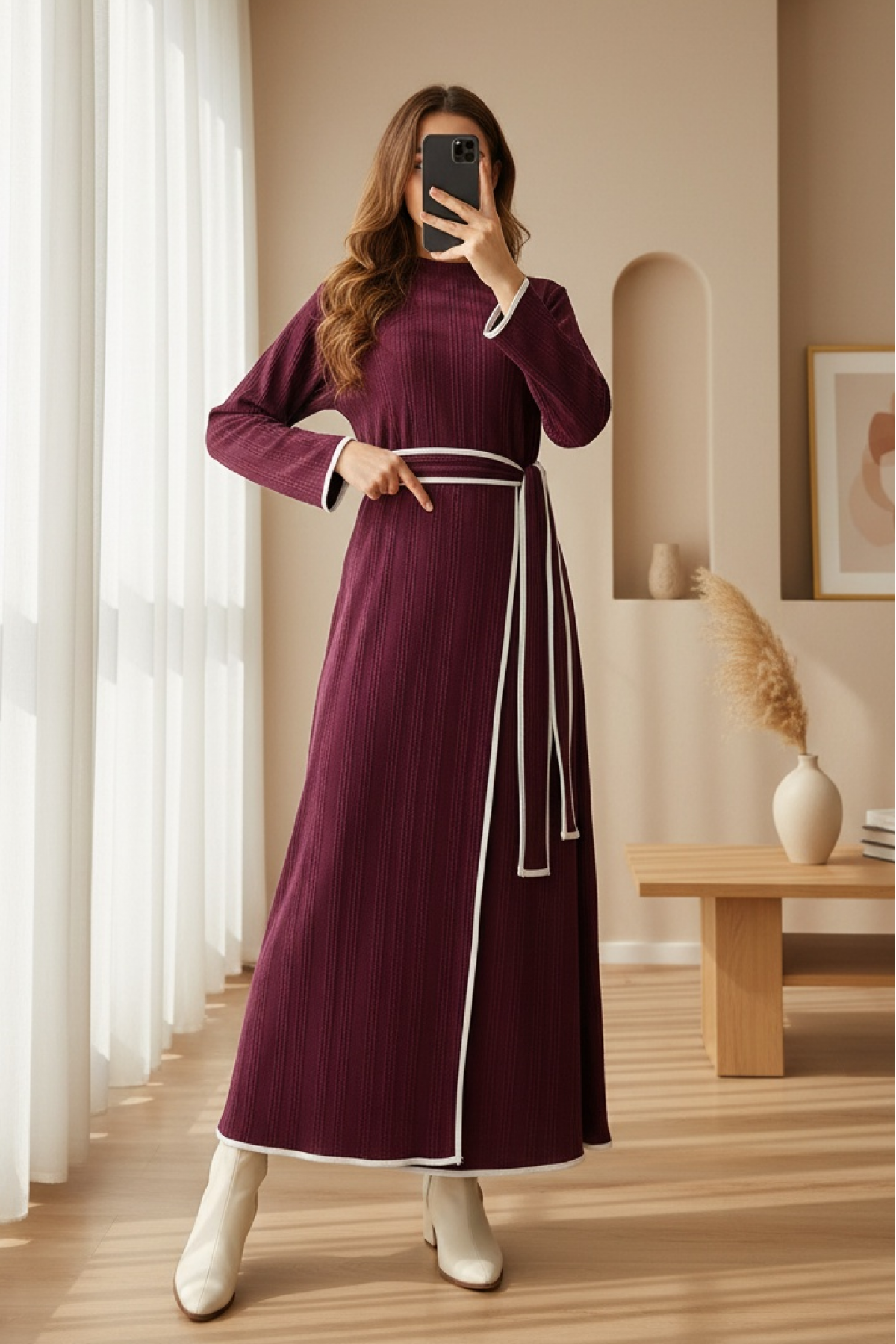 Stand Collar Knitted Crepe Waist Tied Two Piece Dress - Purple