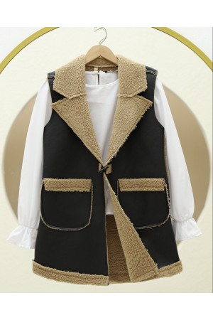 İçi Kuzu Peluş Çift Cepli Yelek  -Vizon