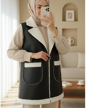 Lamb Plush Double Pocket Vest   -Ecru