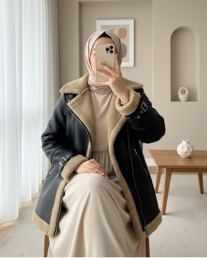 جاكيت جلدي داخلي من القطيفة بسحاب -قهوة مفتوحة