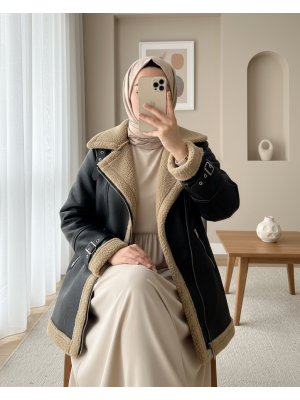 Fermuarlı İçi Peluşlu Deri Ceket -Açık Kahve