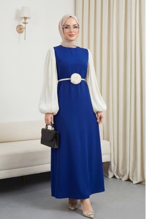 فستان وردي مرن بأكمام منفوخة وحزام  -ورنيش غامق