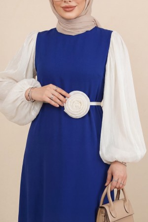 Balon Kol Manşeti Lastikli Güllü Kemerli Elbise  -Saks