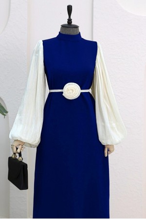 Balon Kol Manşeti Lastikli Güllü Kemerli Elbise  -Saks