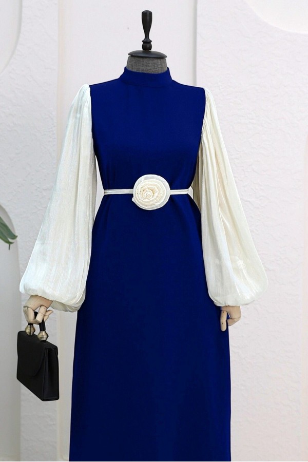 Balloon Sleeve Cuff Elastic Rose Belted Dress  -Saxe 