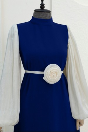 Balon Kol Manşeti Lastikli Güllü Kemerli Elbise  -Saks