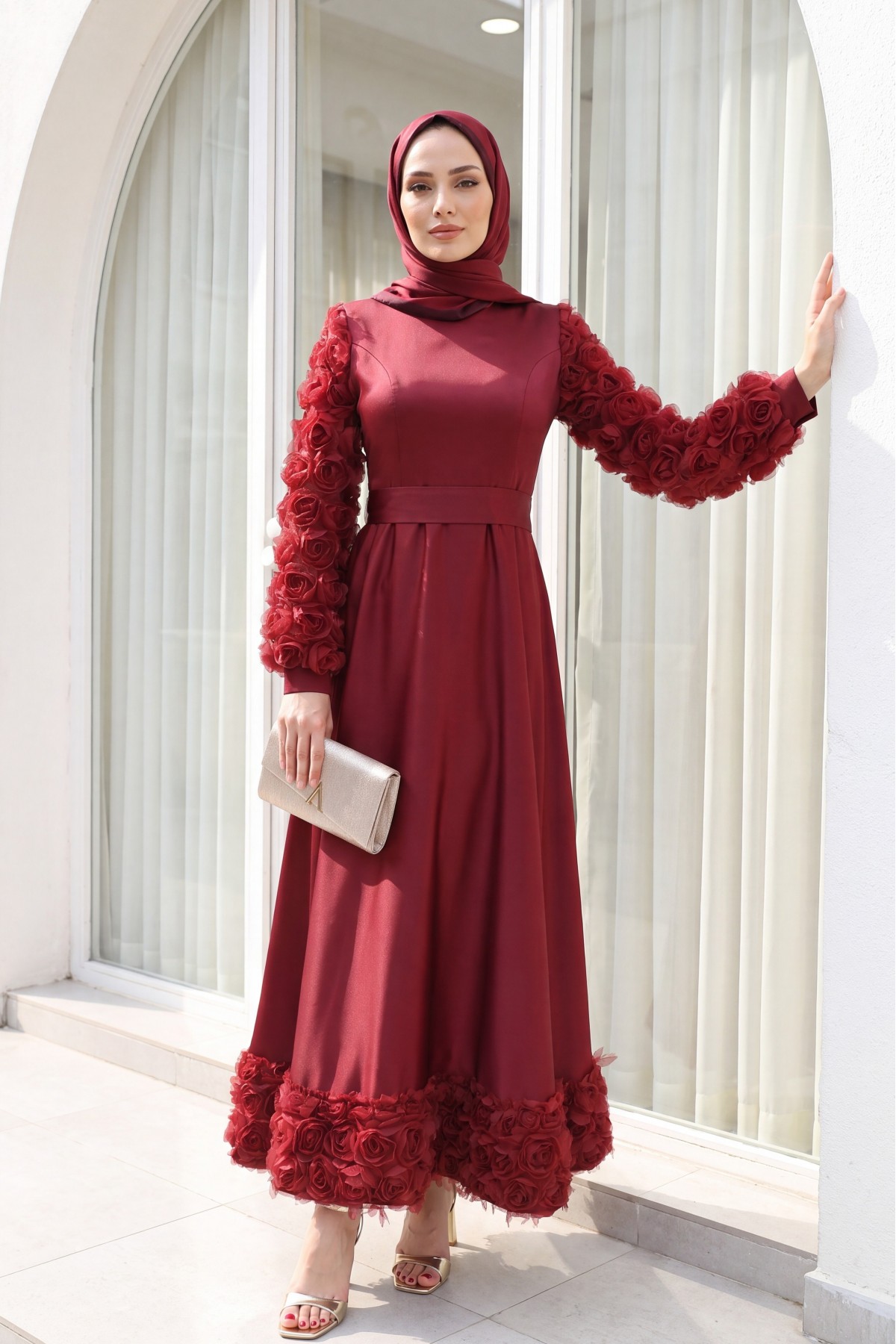 Satin Evening Dress with Rose Detail on Skirt and Sleeves  -Maroon