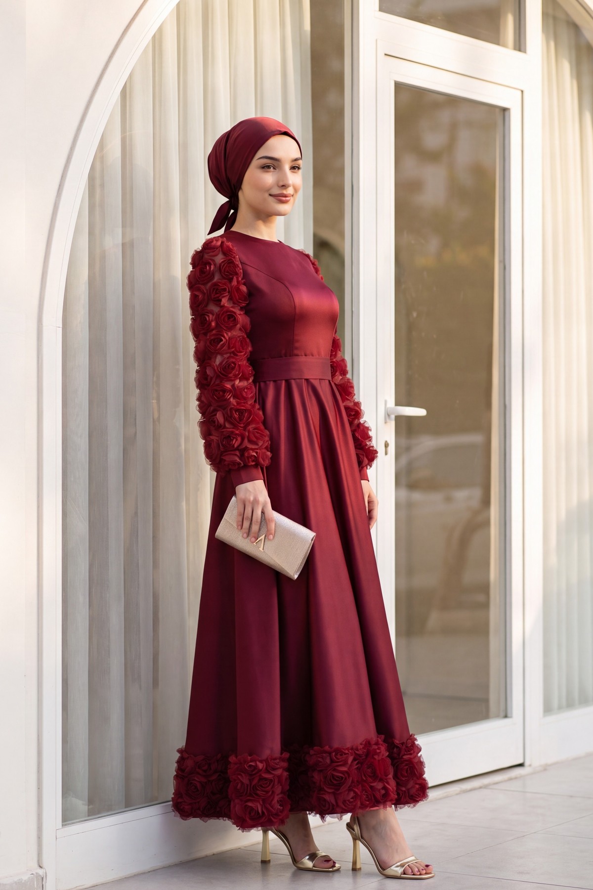 Satin Evening Dress with Rose Detail on Skirt and Sleeves  -Maroon detay görseli