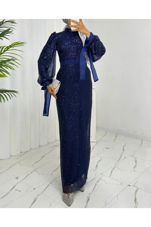 Cut Beaded Ribbon Sequin Belted Evening Dress -Navy blue