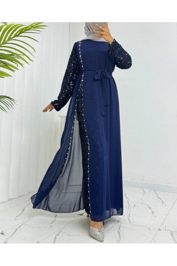 Chiffon Evening Dress with Sequined Sleeves and Belt -Navy blue