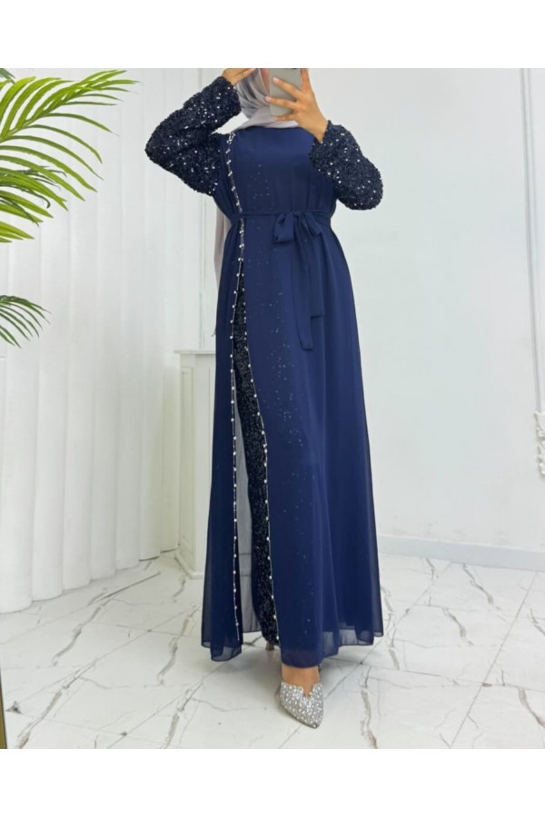 Chiffon Evening Dress with Sequined Sleeves and Belt -Navy blue