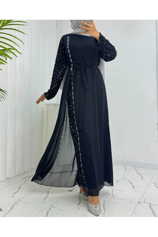 Chiffon Evening Dress with Sequined Sleeves and Belt -Black