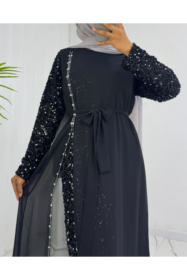 Chiffon Evening Dress with Sequined Sleeves and Belt -Black