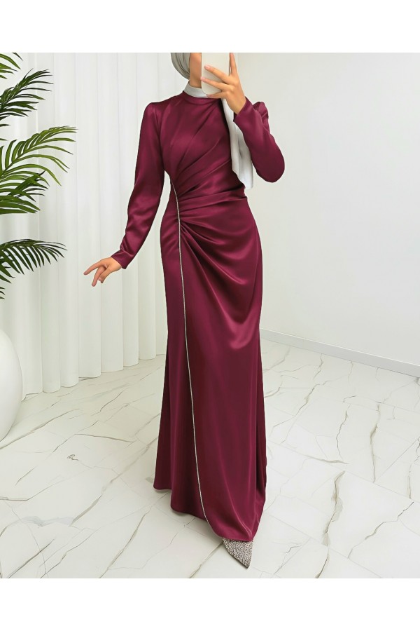 Stone-Striped, Draped-Waist Satin Evening Dress -Maroon