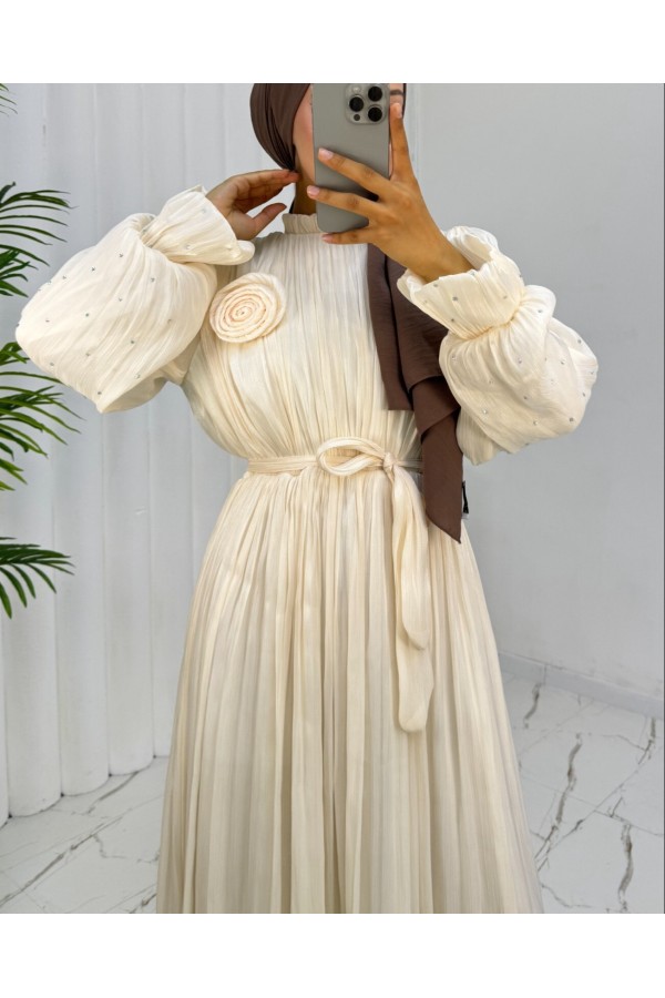 Janjan Chiffon Evening Dress with Elastic Sleeves and Rose Brooch and Belt - Beige