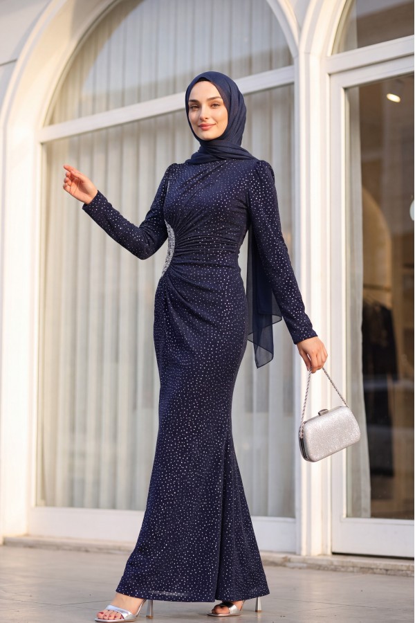 Draped Front Stoned Long Evening Dress -Navy blue