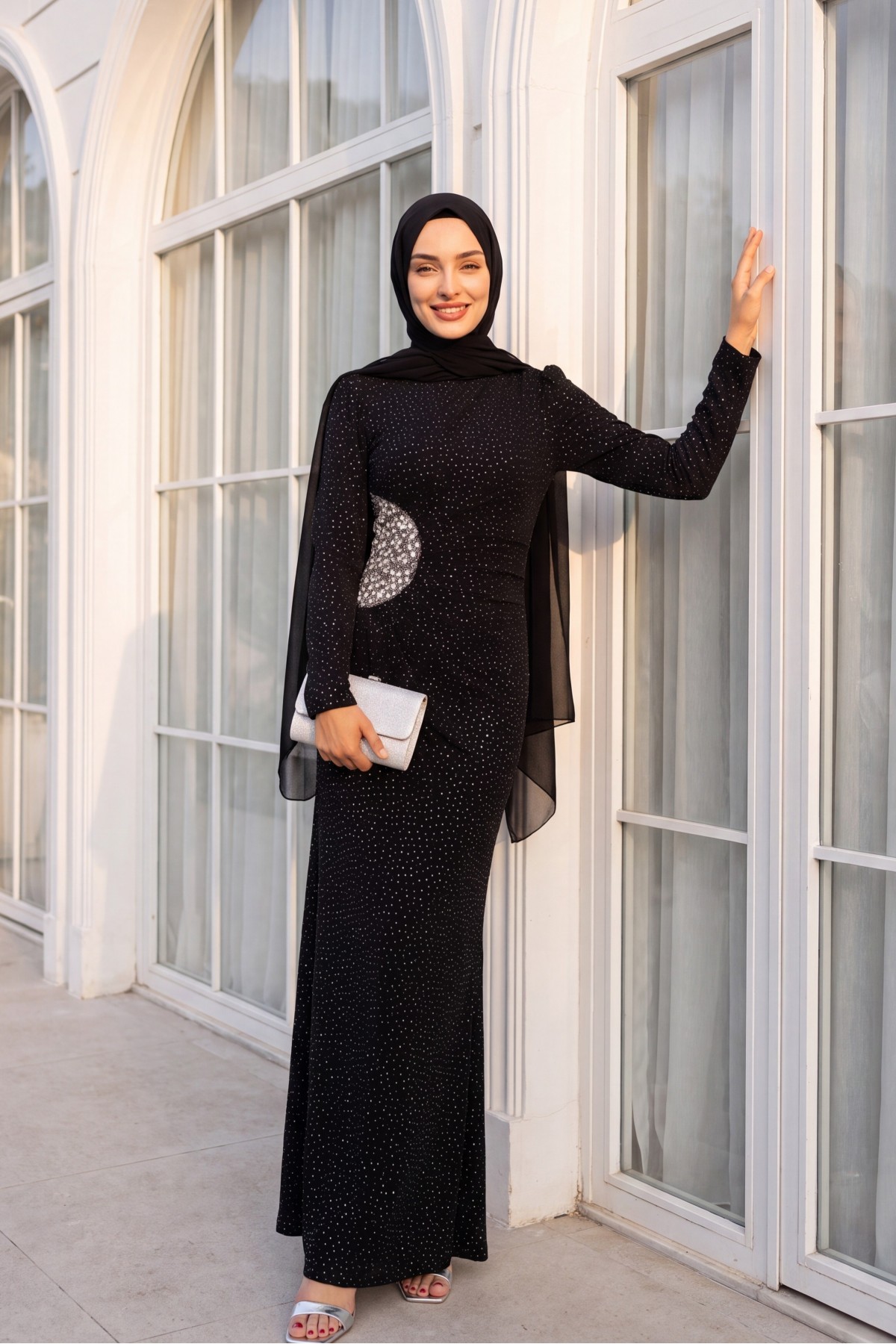Draped Front Stoned Long Evening Dress -Black