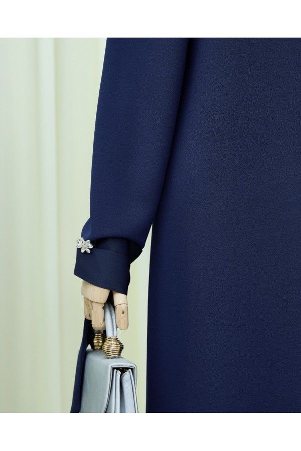 Crepe Dress with Scarf Collar and Brooch Detail and Laced Sleeves -Navy blue