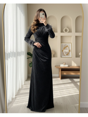 Kolu Tüylü Önü Çift Kuyruklu Abiye  -Antrasit