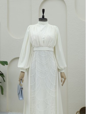 Boncuk Ve Pul Detaylı Kemerli Şifon Abiye  -Beyaz