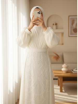 Boncuk Ve Pul Detaylı Kemerli Şifon Abiye  -Beyaz