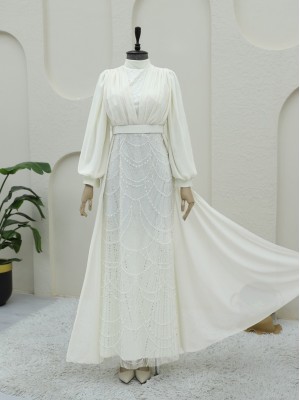 Boncuk Ve Pul Detaylı Kemerli Şifon Abiye  -Beyaz