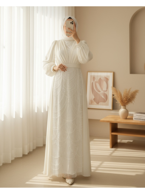 Boncuk Ve Pul Detaylı Kemerli Şifon Abiye  -Beyaz