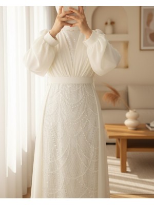 Boncuk Ve Pul Detaylı Kemerli Şifon Abiye  -Beyaz