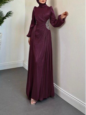 Kolu Lastikli Taş Detaylı Astarlı Janjan Abiye -Bordo