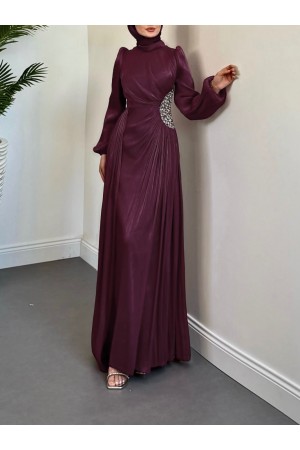 Kolu Lastikli Taş Detaylı Astarlı Janjan Abiye -Bordo