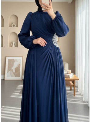 Kolu Lastikli Taş Detaylı Astarlı Janjan Abiye -Laci