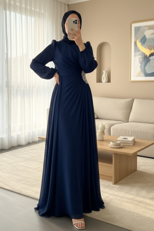 Kolu Lastikli Taş Detaylı Astarlı Janjan Abiye -Laci