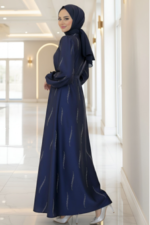 فستان شيفون بحزام مع نقشة أحجار الراين -كحلي