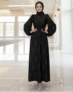 Taş Yapıştırma Desenli Kuşaklı Şifon Elbise -Siyah