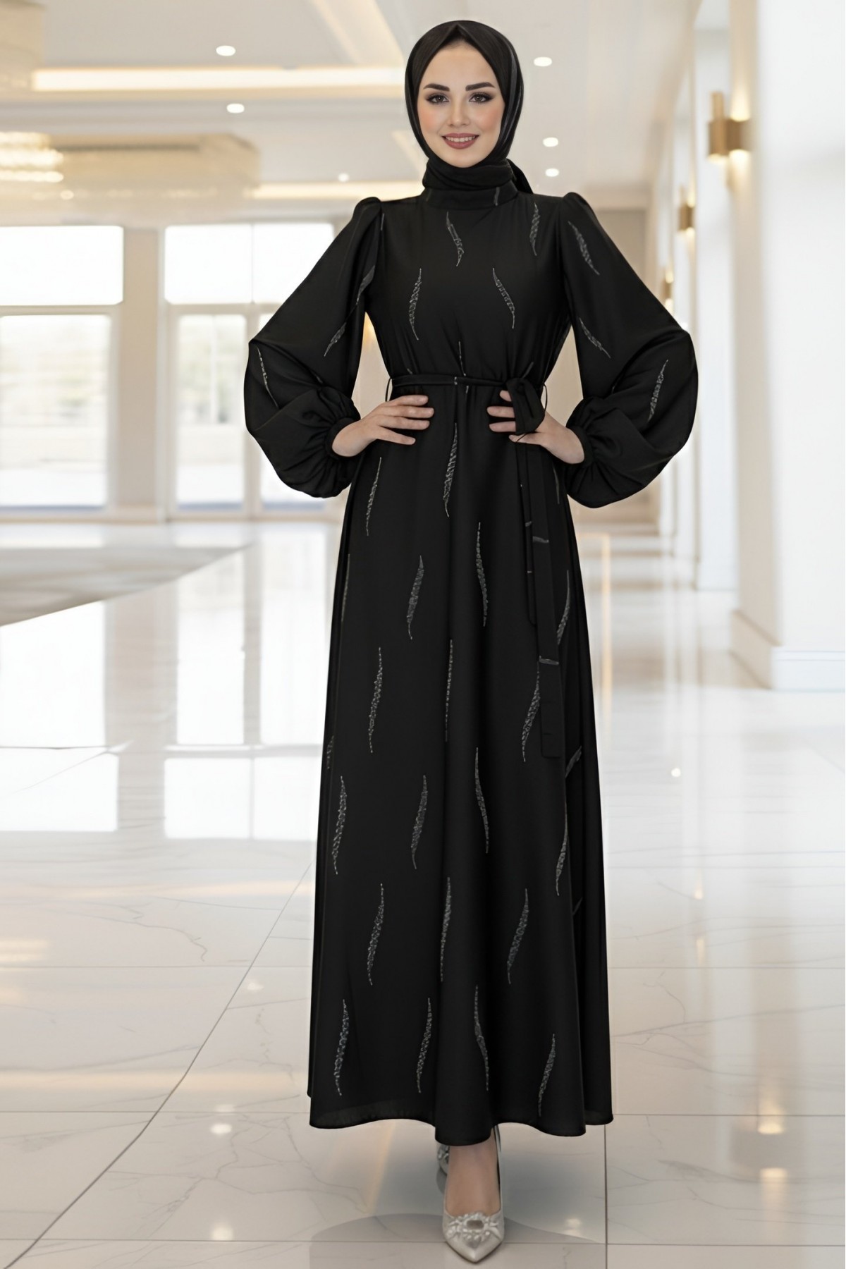Belted Chiffon Dress with Rhinestone Pattern -Black