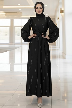 فستان شيفون بحزام مع نقشة أحجار الراين -أسود