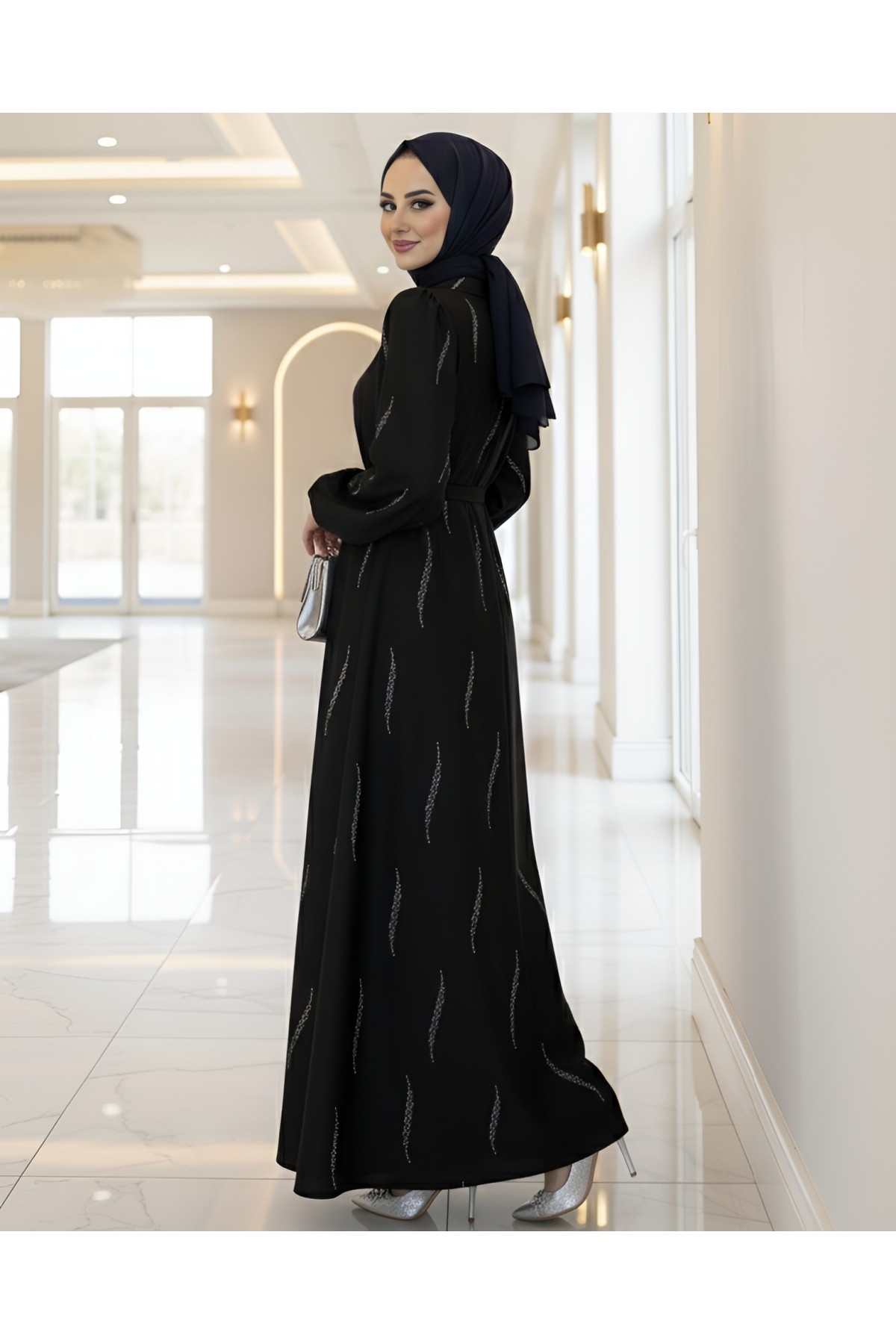 Belted Chiffon Dress with Rhinestone Pattern -Black