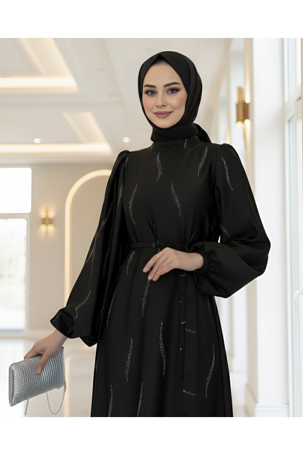 Belted Chiffon Dress with Rhinestone Pattern -Black