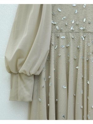 Tulle Evening Dress with Stone Detail on the Front and Lining - Beige